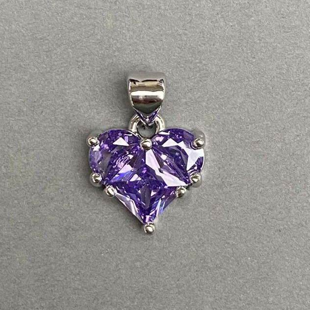 Heart Pendant with Purple Rhinestones, Silver-Toned Metal, Diameter 10×12 mm ±, Length 17 mm ±