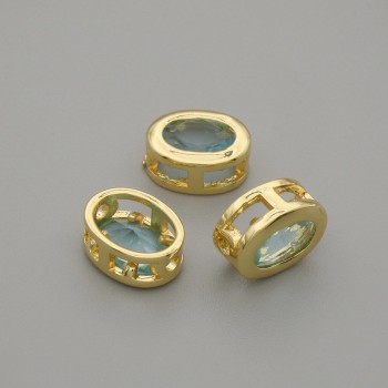 Blue crystal bead insert in gold-tone metal, oval, 9×7 mm, hole diameter 1.3 mm, per piece