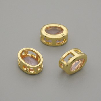 Bead insert with pink crystal in gold-tone metal, oval, 9×7 mm, hole diameter 1.3 mm ±, for 1 piece