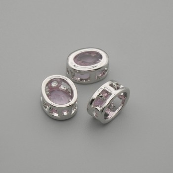 Bead insert with pink crystal, silver-colored metal, oval 9×7 mm, hole diameter 1.3 mm ±, per 1 pc. +