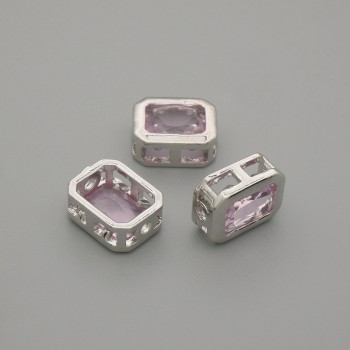 Bead insert with pink crystal, silver-tone metal, 9×7 mm diameter ±, hole diameter 1.3 mm ±, per 1 pc.