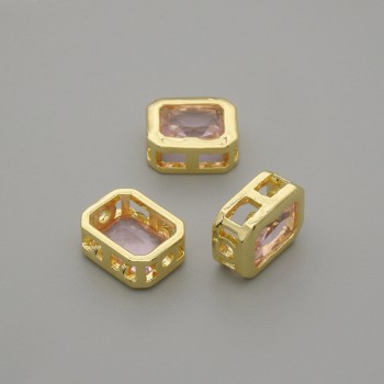 Bead insert with pink crystal, gold-tone metal, 9×7 mm diameter, hole diameter approx. 1.3 mm, per 1 piece +