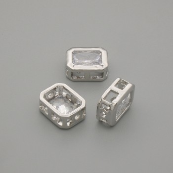 Bead insert with white crystal, silver-tone metal, diameter 9×7 mm ±, hole diameter 1.3 mm ±, per piece