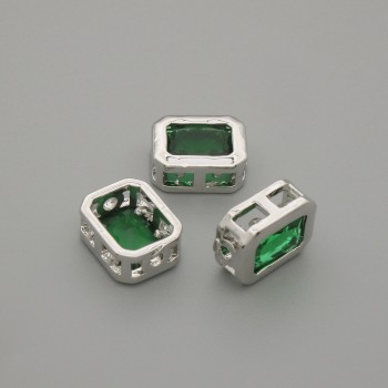 Bead insert with green crystal, silver-colored metal, 9×7 mm diameter, hole diameter 1.3 mm ±, per piece