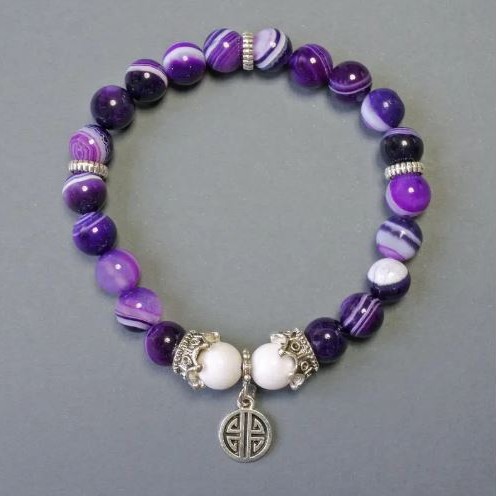 Eye Agate Purple and White Bracelet with Smooth Round Beads, 8 mm Diameter, 18 cm Length, Stretch