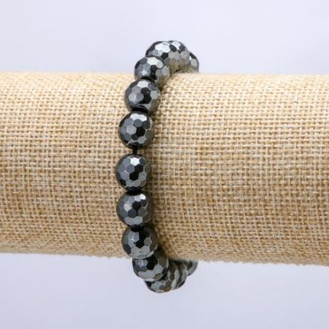 Elastic hematite bracelet with faceted beads, 10 mm diameter+