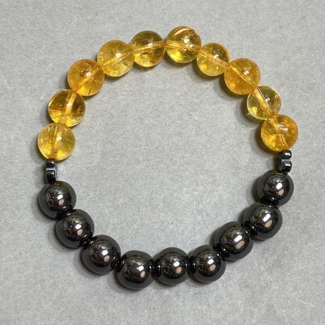 Bracelet Citrine and Hematite, smooth 10mm beads ± Chanel-style 8×6mm ±, length 18cm ±, stretch
