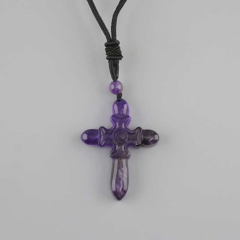 Amethyst Cross Pendant, 47×36 mm diameter ±, on black cord with adjustable drawstring, length 78 cm+