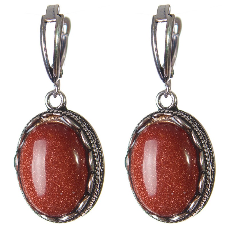 Clearance earrings Aventurine 'Golden Sand' bezel 'Tooth' oval stone 15×20mm, length 38mm