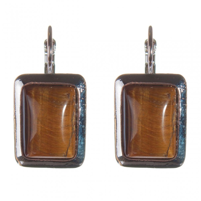 Clearance. Tiger's Eye Earrings in a Smooth Setting, Rectangular Stone 2.3×1.8 cm, Length 3.5 cm