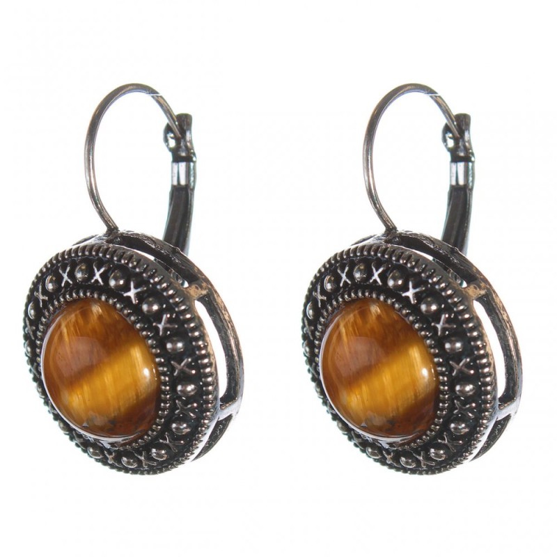 Clearance. Tiger's Eye Earrings in a 'dot cross' setting, round stone 2 cm, length 3 cm