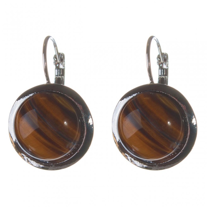 Clearance. Tiger's Eye Earrings with Smooth Bezel, Round Stone 2 cm, Length 3.1 cm