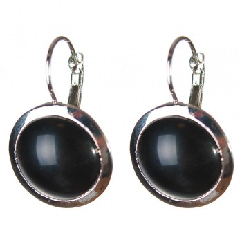 Clearance Earrings: Black Agate, Smooth Setting, Round Stone 2 cm, Length 3.1 cm