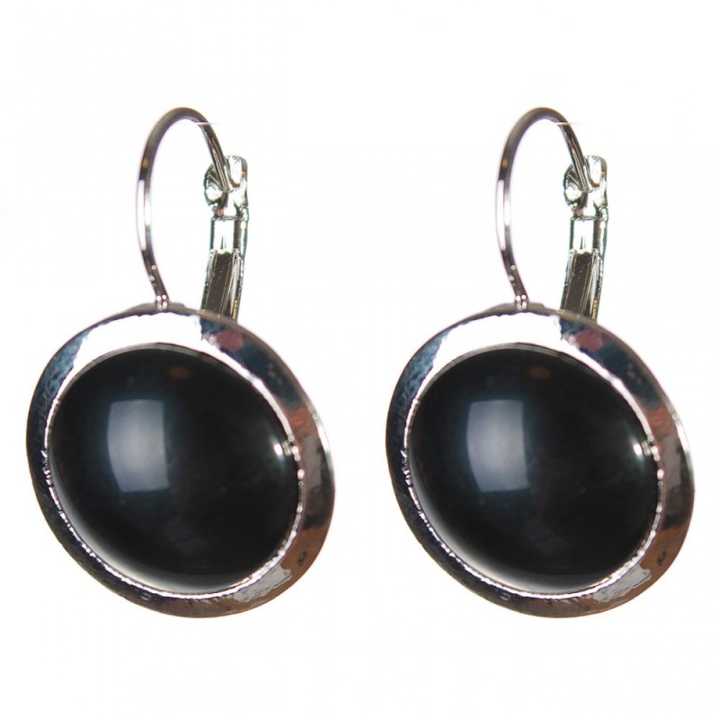 Clearance Earrings: Black Agate, Smooth Setting, Round Stone 2 cm, Length 3.1 cm