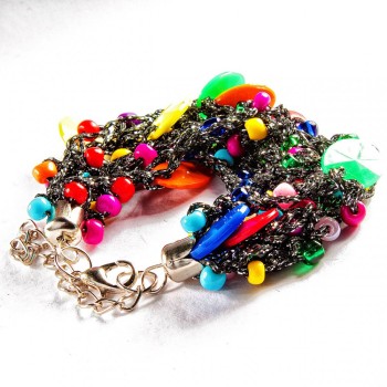 Bracelet with metal clasp and carabiner on a chain, macrame thread, black glossy faceted stones and multicolored round stones