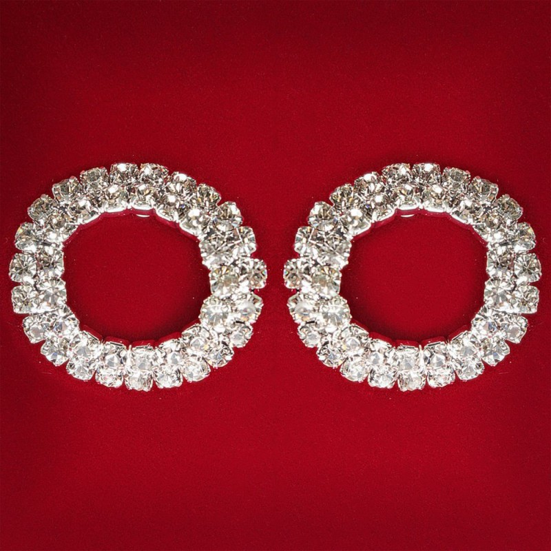 (25 mm) Women's Earrings with White Rhinestones, Light Metal, Wedding and Evening Studs, Round Donut Medium