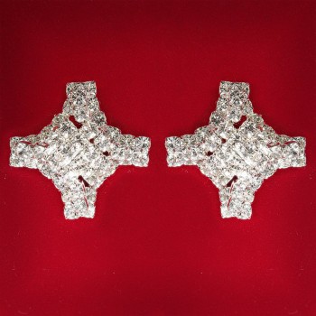(25x25 mm) Women's earrings with white crystals, light metal, wedding and evening studs, large cross