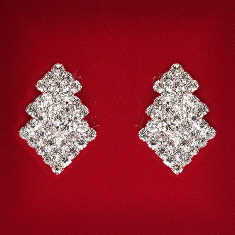(27x18 mm) Women's earrings with white rhinestones, light metal, wedding and evening studs, Christmas-tree shape, medium size