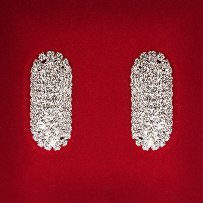 (45x25 mm) Women's earrings, white crystals, light metal, wedding and evening wear, oval elongated studs