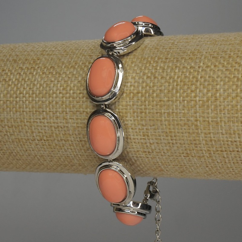 Discounted Pink Coral Bracelet (Imitation) Oval in Bezel 20x14 mm +/- Toggle Clasp 19–23 cm