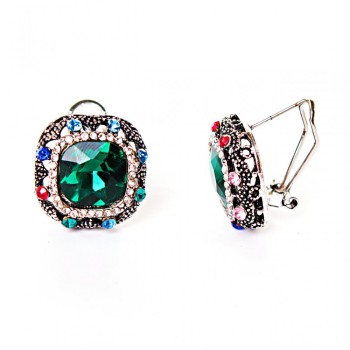 Earrings 2.3 cm Rainbow Square Rhinestones Green Crystal