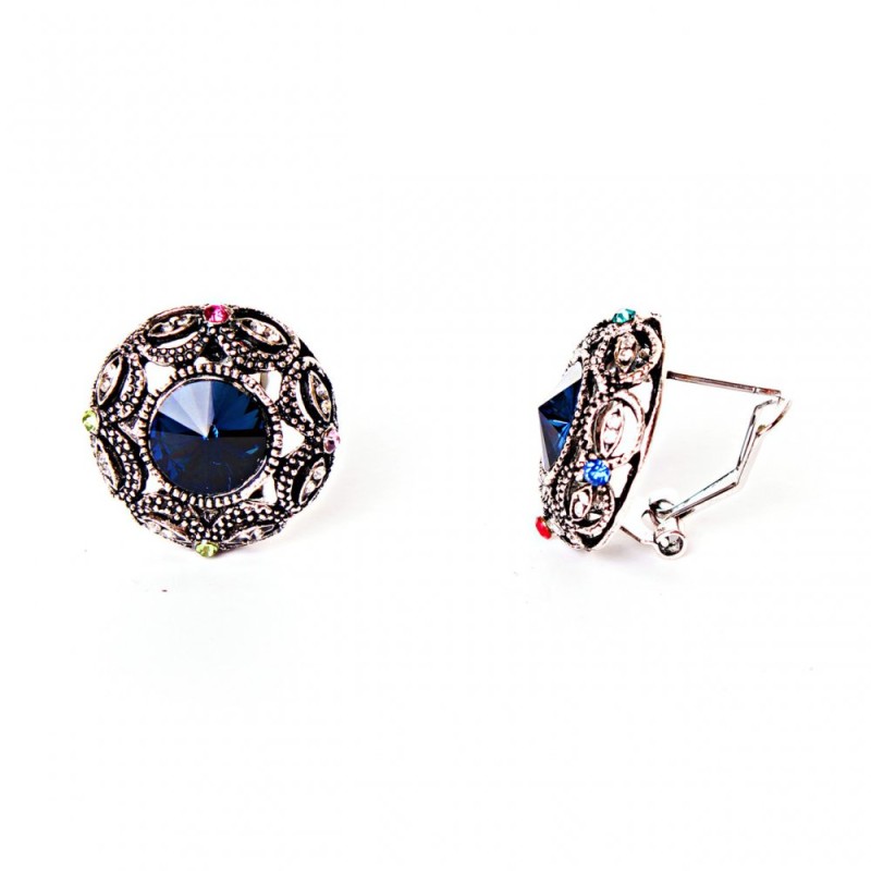 Earrings 2.5 cm Circle Star with Blue Crystals