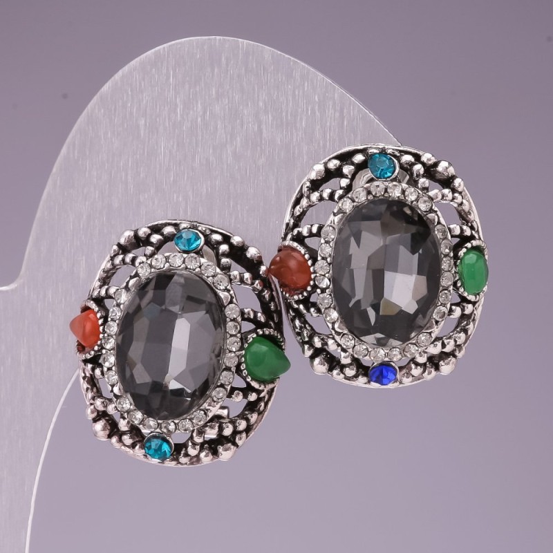 Earrings 2x2.5 cm 'Rainbow' oval with rhinestones and gray crystal