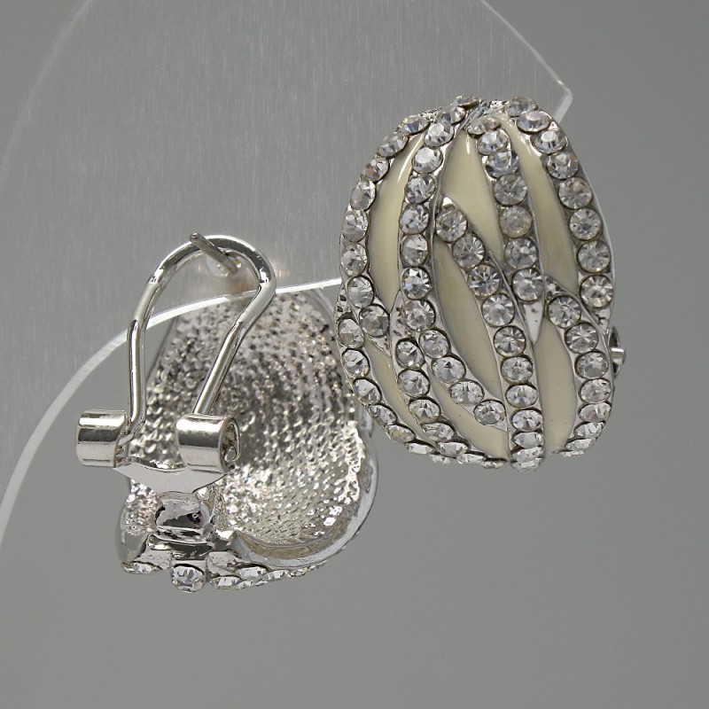 Classic 'Waffle' Earrings - White Enamel / Crystals / Silver-Plated Metal / 22 × 20 mm