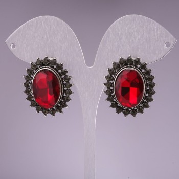 Classic earrings with burgundy oval crystals in a rhinestone setting, 27 x 23 mm