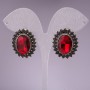 Classic earrings with burgundy oval crystals in a rhinestone setting, 27 x 23 mm