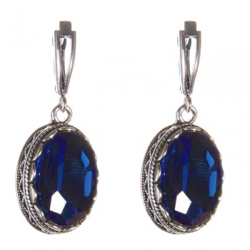 Earrings with blue crystals in a prong setting, oval stone 2 × 1.6 cm, length 4 cm