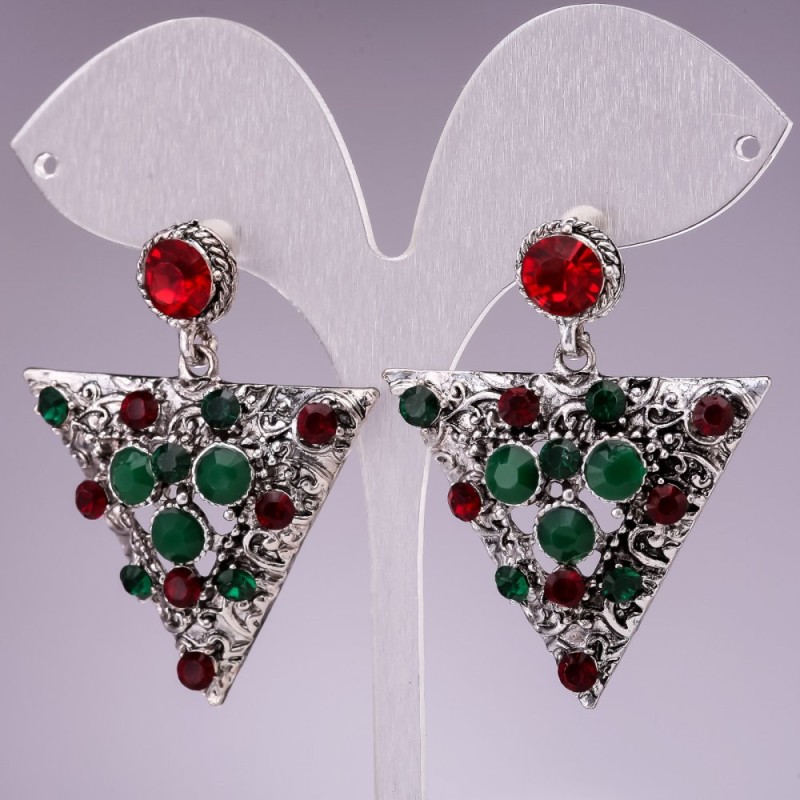 Crystal Earrings 4 cm - Elegant with Green and Red Rhinestone Triangles