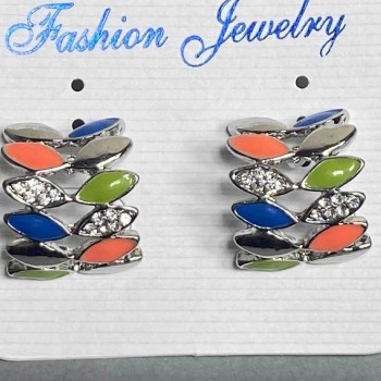 Crescent-shaped stud earrings with multicolored petals, with crystals / enamel / silver-plated / 18 x 22 mm