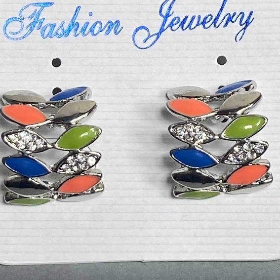 Crescent-shaped stud earrings with multicolored petals, with crystals / enamel / silver-plated / 18 x 22 mm