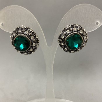 Diamond-Shaped Green Crystal Stud Earrings in Tiered Setting, Rhinestones, 20mm