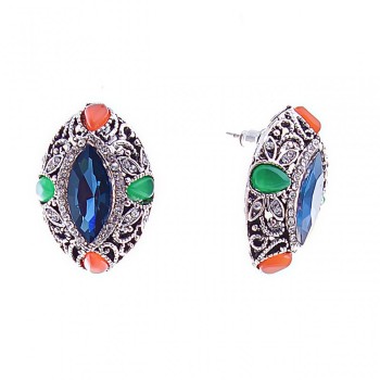 Stud earrings with blue crystals - Marquise, rhinestone setting, 26 x 19 mm