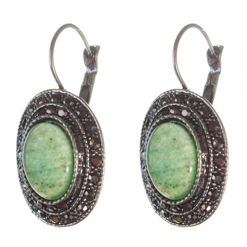 Discounted nephrite earrings in teardrop-silver setting, oval stone 2.5 × 1.9 cm, length 3.5 cm