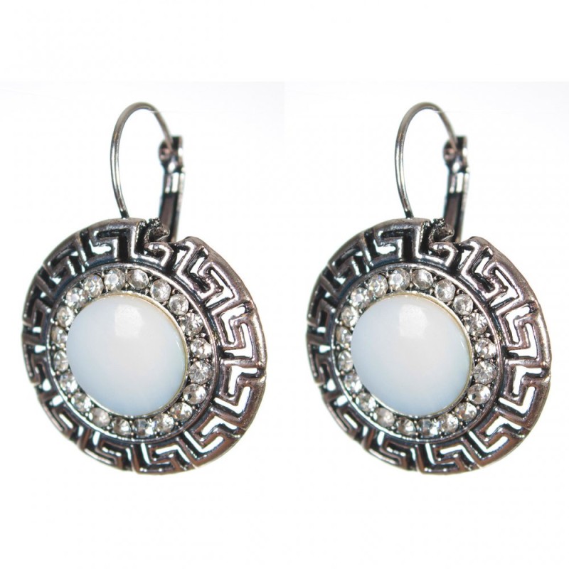Discount! Mother-of-pearl earrings in a 'Greek' bezel with crystals, round 2.6 cm, length 3.5 cm