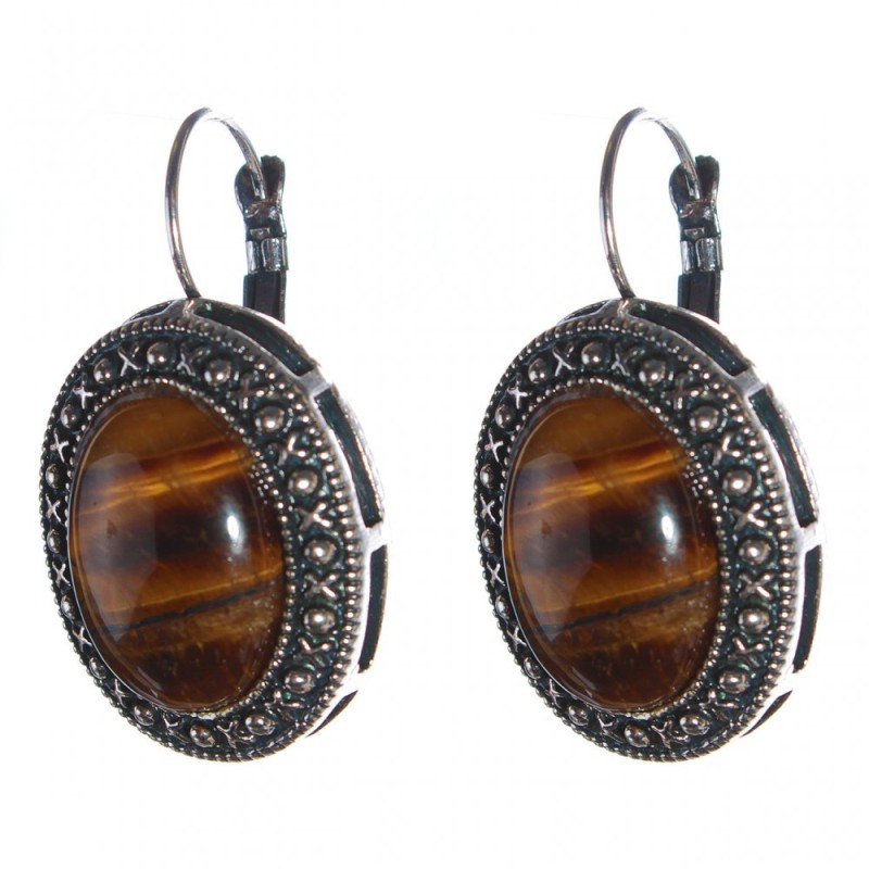 Clearance. Tiger's Eye Earrings in the 'dot-cross' setting, oval stone 2.5×2 cm, length 3.8 cm