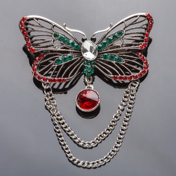 Sale! Butterfly Chain Brooch with Red and Green Crystals 6.5 × 3.5 cm