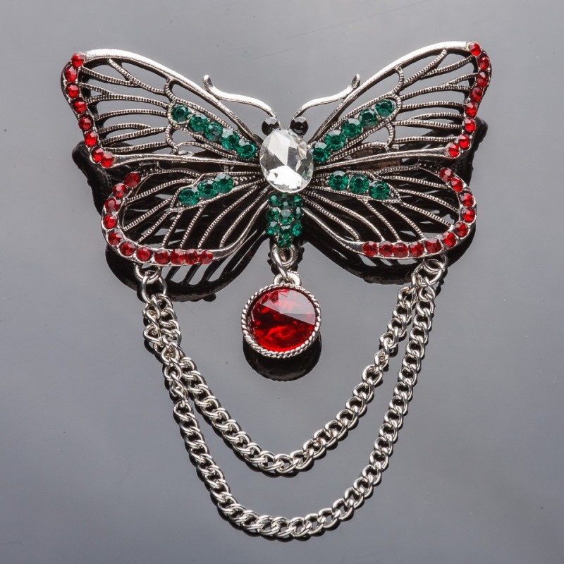 Sale! Butterfly Chain Brooch with Red and Green Crystals 6.5 × 3.5 cm