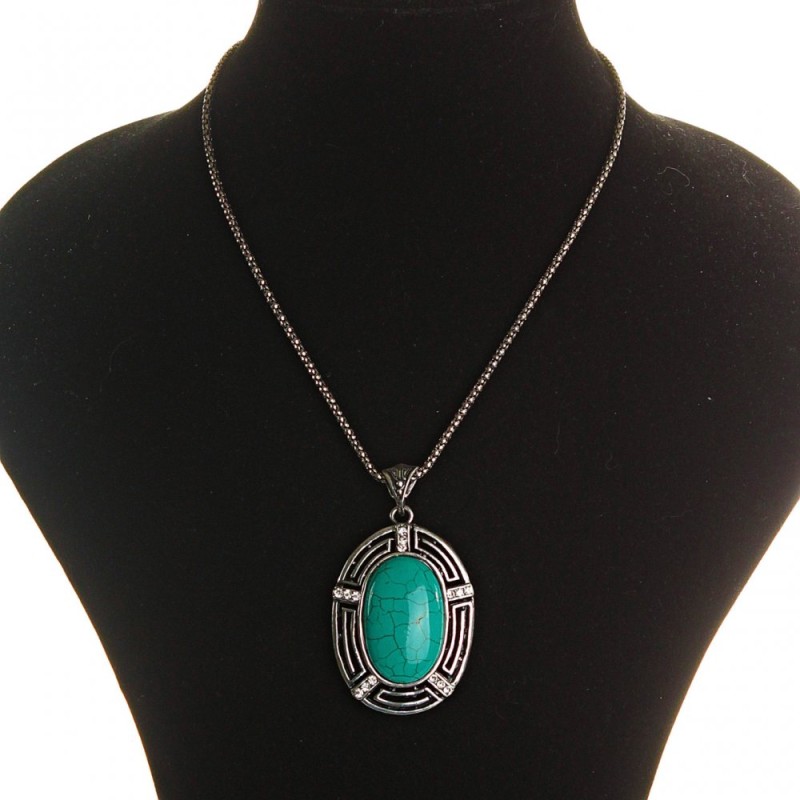 Turquoise pendant on chain, large, dark gray metal with crystals, oval bezel 50x38 mm, length 46–54 cm, striped chain
