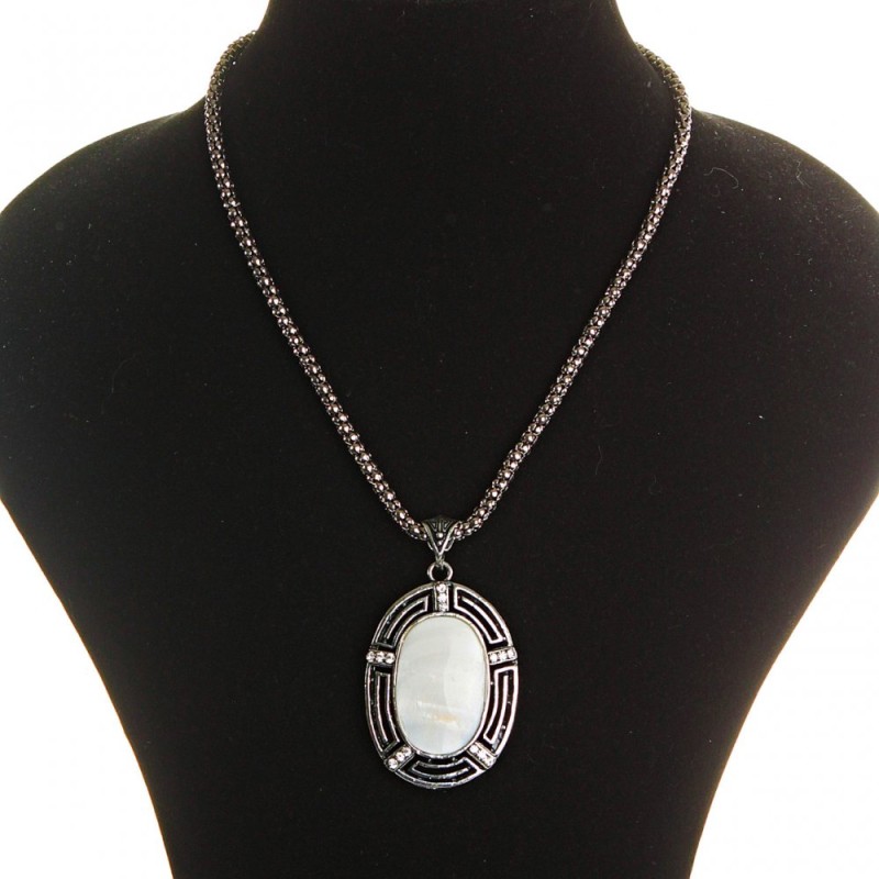 Large pendant on chain, dark gray mother-of-pearl, metal with crystals, oval setting 50×38 mm, length 46–54 cm, striped