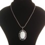 Large pendant on chain, dark gray mother-of-pearl, metal with crystals, oval setting 50×38 mm, length 46–54 cm, striped