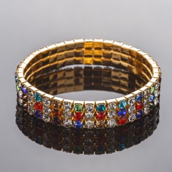 Gold-tone rhinestone stretch bracelet, three rows, multicolor