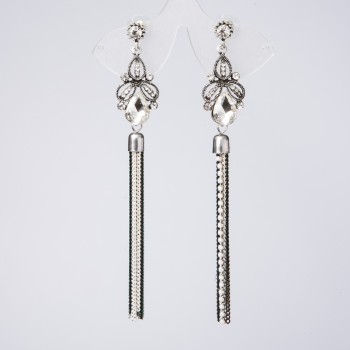 Long Earrings 'Roxolana', 13 cm long, silver-colored metal with white crystals