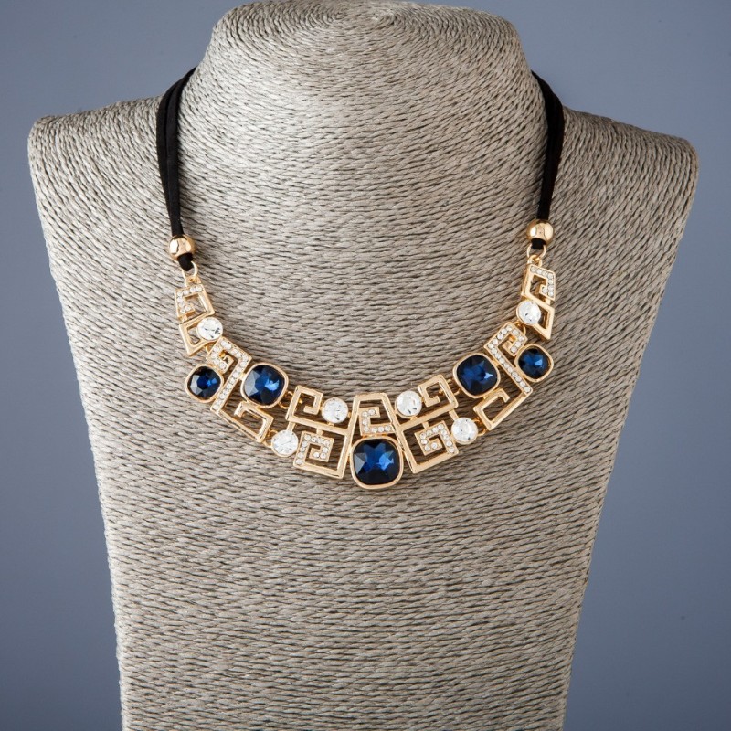 Ribbon Necklace with Blue Crystals, 50 cm Length - Metal Color 'Gold'