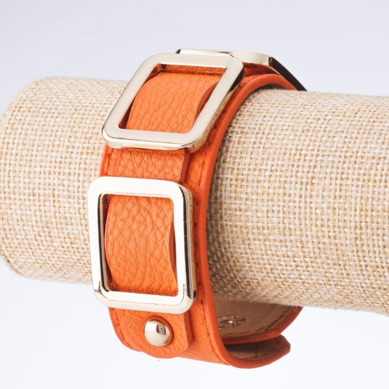 SALE! Tin Tin Square Eco-Leather Bracelet with orange metal color 'gold', width 3 cm, length 18-21 cm