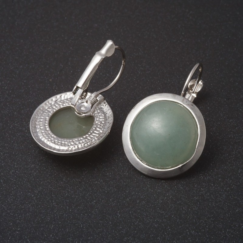 Clearance nephrite earrings with smooth bezel, round stone 2 cm, length 3.1 cm