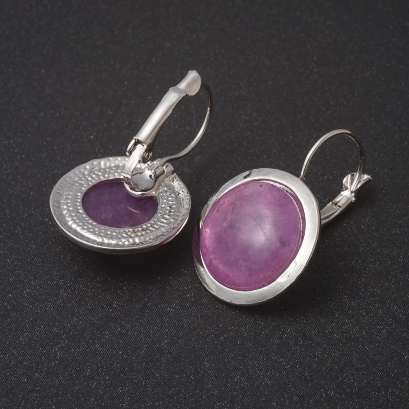 Auction Earrings with Amethyst Stone, Smooth Bezel, Round Stone 2 cm, Length 3.1 cm